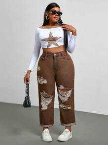 SHEIN EZwear Jeans casuales de pierna recta, ajuste holgado, con bolsillos, para mujer talla grande