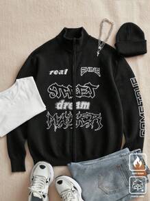 Claim Dot Herren Buchstaben Muster Reißverschluss Stehkragen Lässig Strickjacke, Herbst/Winter