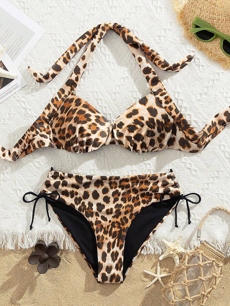 SHEIN Swim 2pcs Leopard Print Bikini Swimwear Set With Soft Cup Underwire & Halter Tie Back For Women Summer - Multicolor - View 1