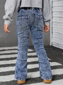 SHEIN Explorewe Young Girl Blue Stretch Denim Jeans With Side Hand-Sewn Ruched Details - Dark Wash - View 2
