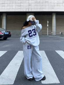 Muchica 2pcs Women's 23 Number Graphic Wide Neck Off Shoulder Loose Sweatshirt And Wide-Leg Thick Warm Pants Set, Suitable For Autumn/Winter Back To School Teacher