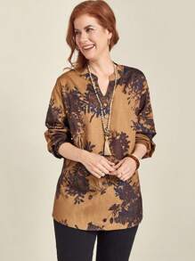 EMERY ROSE Plus Size Women Floral Print Cutout V-Neck Long Sleeve Loose Blouse Shirt, Autumn