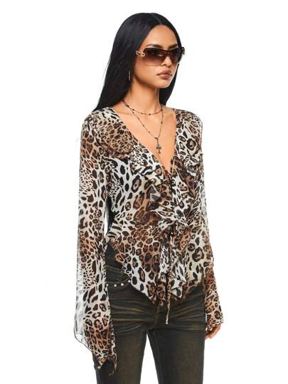 Grunge Punk Y2K Style Chic Leopard Print Ruffle Hem Flowy Adjustable Tie Waist Sexy Sheer Blouse