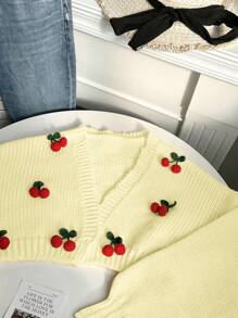 SHEIN Unity 女款樱桃图案落肩休闲开衫，秋冬款 - 黃色 - 查看 5