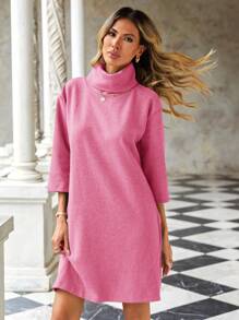 Vestido Tipo Jersey De Cuello Alto Liso Para Mujer - Rosa - Ver 3