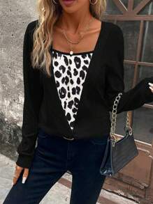 SHEIN LUNE Women Plain Color Splice Long Sleeve Minimalist Sweatshirt, Casual Daily Wear Leopard Print Top Graduation,Back To School Outfits,Graduation,Teacher Outfits For Women,Back To School - Multicolor - View 6