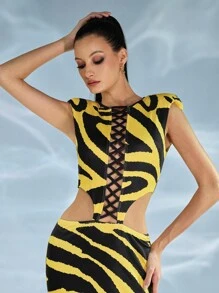 JIAN LASALA Vestido maxi casual de mujer en color amarillo mantequilla con cuello redondo, sin mangas, con bloque de color, estampado de rayas de cebra texturado, abertura en el muslo y espalda descubierta. Vestido de verano, vestido de fiesta, vestido para boda de invitada.