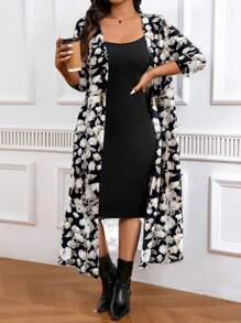 SHEIN LUNE 2pcs Plus Size Women Autumn Floral Print Long Sleeve Front Open Jacket And Dress Casual Suit Set - Multicolor - View 3