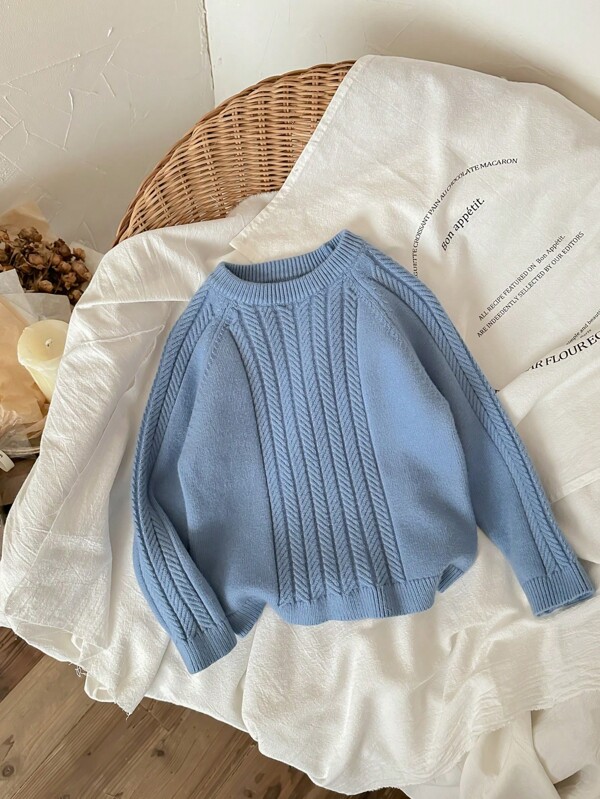 Blossori Young Boys' Plain Raglan Sleeve Sweater, Casual Minimalist Style For Autumn/Winter