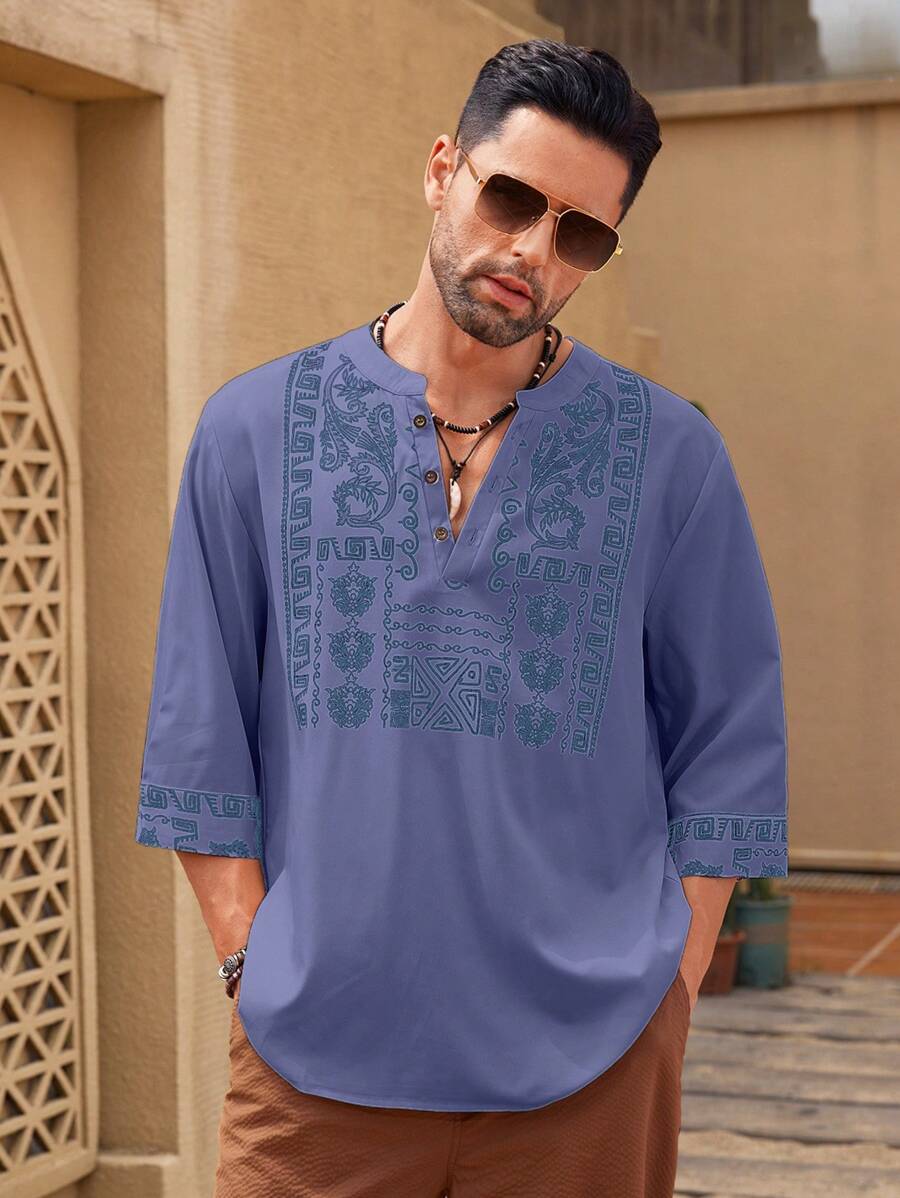 Manfinity Homme 男士中长款正面纽扣印花休闲衬衫，日常穿着