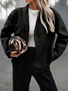 EMERY ROSE 大码新款欧美纯色复古双排扣V领大衣，秋冬季保暖通勤女士夹克 - 黑色 - 查看 6