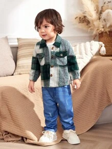 2pcs Infant Toddler Baby Boy 0-3Y Fall Winter New Fashion Casual Plaid Flannel Shacket And Printed Pants Outfit Set - Green - View 4
