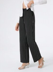 SHEIN EZwear Pantalones casuales rectos y holgados de punto con rayas negras para mujer