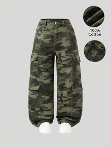 SHEIN Explorewe Pre-Tween Girls Y2K Multi-Pocket Casual Drawstring Waist Camo Print Cargo Denim Jeans, School, Campus, College - Army Green - View 6