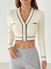 SHEIN PETITE White Cardigan Contrast Binding Button Front Cardigan - Apricot - View 1