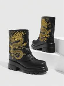 CUCCOO GRLICON 女式中筒靴，Y2K 风格，朋克摇滚，机车风，酷女孩装，适合万圣节、圣诞节和派对 - 黑色 - 查看 6