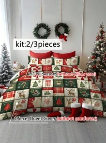2/3 pièces Ensemble de literie de Noël, couette en microfibre douce à imprimé numérique avec motifs du père Noël, traîneau, bonhomme de neige, cloches, rennes, pins et sapin de Noël. Convient pour la chambre, la chambre d'amis, la salle de jeux, l'hôtel, le dortoir