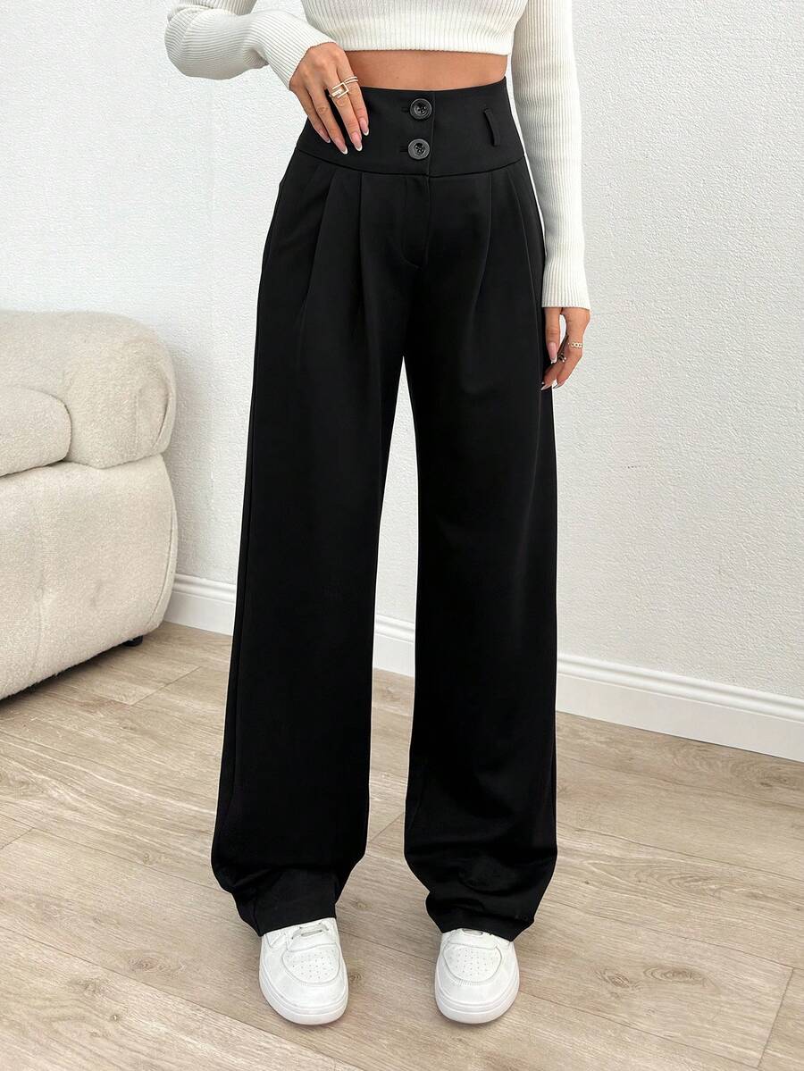 EURMUSE Women Solid Color High Waist Straight Pants - Black - View 1