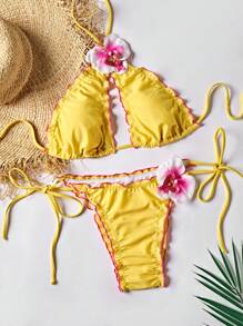 Swim Vcay Novo Conjunto de Maiô Bikini Feminino com Cor Sólida, Borda Franzida, Decoração Floral 3D Realista, Alças Cruzadas, Verão - Amarelo - Visão 7