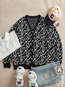 Manfinity Hypemode Chaqueta informal de punto de un solo pecho con gráfico de letra para hombre, otoño/invierno
