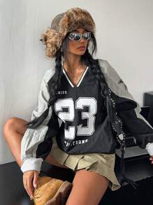 SHEIN EZwear 1pc Women Letter Print Contrast Color V-Neck Pullover Sweatshirt