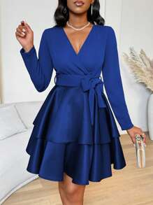 SHEIN Clasi Đầm ngắn tay dài buộc nơ phía trước màu trơn cho nữ - Xanh đậm - Xem 1