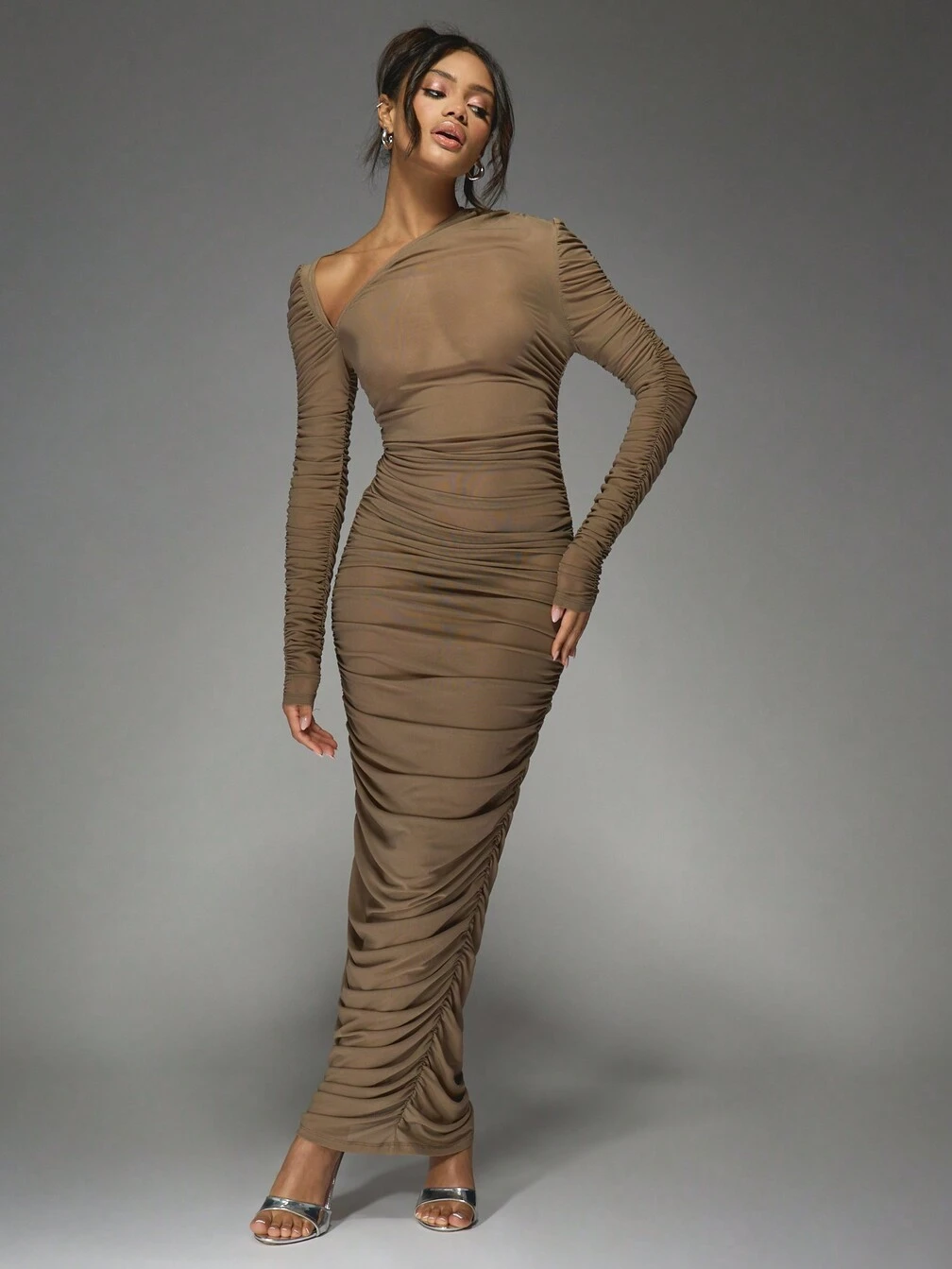 mesh long sleeve ruched dress Mew Mews Alkas Long Sleeve Ruched Mesh Maxi Dress In Coffee