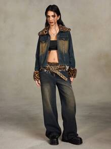 ROMWE Grunge Punk Y2K Vintage Patchwork Leather Loose Wide Leg Washed Denim Jeans