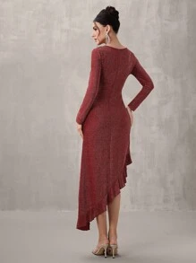 SHEIN Belle Women's Round Neck Long Sleeve Ruffle Sequin Patchwork Gown For Party/Banquet, Fashion Autumn And Winter Banquet Party Festival Princess Socialite Elegant Internet Celebrity Popular Dress, Daily Wear Elastic Gold Thread Fabric Dress, Formal Dinner Ball Dress, Christmas, New Year's Eve Can Be Worn For New Year, Wedding Guest Dress