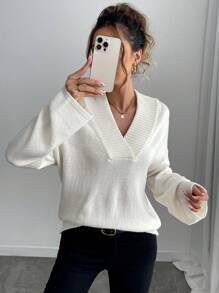 SHEIN LUNE 1 Stück Damen Weiß Lässig V-Ausschnitt Wollpullover, geeignet für Herbst/Winter