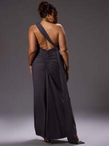MUSERA Plus Size Asymmetrical Neck Cut Out Back Maxi Dress Outfit For Going Out, Party, Club, Rave, Concert, Festival, Sexy, Date Night Flowy, Versatile Long Dress Elegant Graduation Prom - Dark Grey - View 3