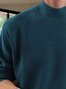 Casual Men's Solid Color Stand Collar Long Sleeve Pullover Sweater - Cadet Blue - View 7