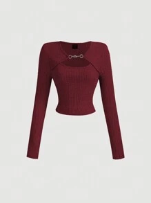 SHEIN MOD 1pc Women Grey 2 In 1 Plush T-Shirt Undershirt - Burgundy - View 1