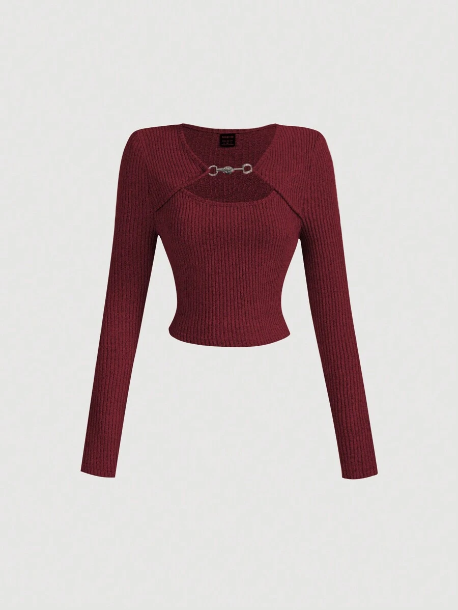 SHEIN MOD 1pc Women Grey 2 In 1 Plush T-Shirt Undershirt - Burgundy - View 1