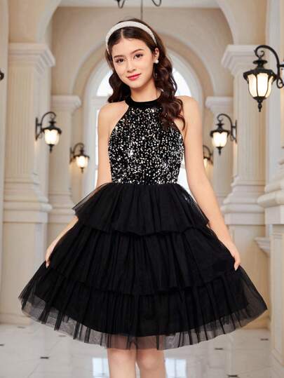 Elegante vestido de fiesta con cuello redondo sin mangas de terciopelo con cuentas y malla para niña adolescente, vestido glamoroso para fiestas, para otoño/invierno