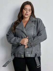 Aveloria New Arrival Autumn/Winter European And American Style Washed PU Leather Lapel Loose Oversized Jacket For Women - Grey - View 3