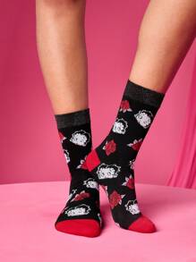 Betty Boop x SHEIN 2 pares de calcetines medianos para mujer con contraste de color, diseño de figura de dibujos animados lindos y patrón de corazón con rosa floral, regalos