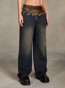 ROMWE Grunge Punk Y2K Vintage Patchwork Leather Loose Wide Leg Washed Denim Jeans