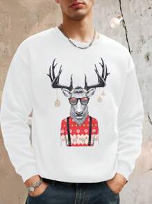 Manfinity Dauomo 男士休闲卡通鹿印花长袖宽松圆领运动衫，秋冬 - 白色 - 查看 1