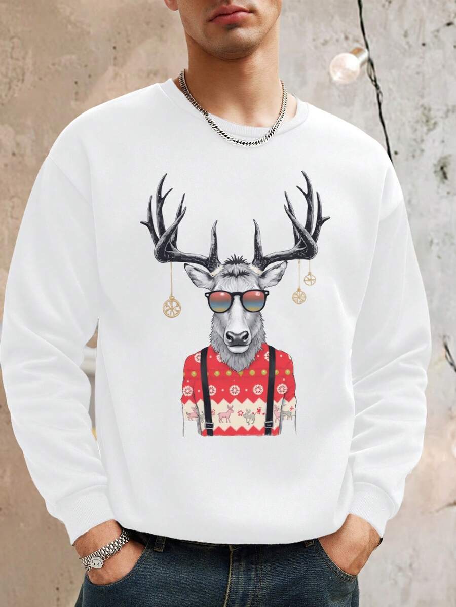 Manfinity Dauomo 男士休闲卡通鹿印花长袖宽松圆领运动衫，秋冬 - 白色 - 查看 1