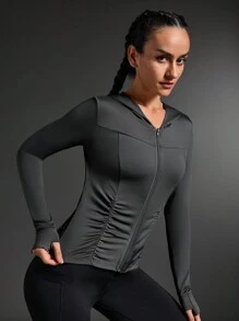 SHEIN Sports Solid Color Ruched Fitted Hooded Sports Jacket