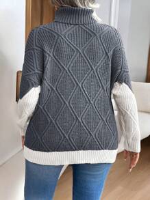 Elenzga Plus Size Color Block Patchwork Turtleneck Sweater, Casual Design For Autumn And Winter Knit Pullover Fall - Dark Grey - View 2