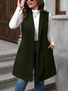 SHEIN LUNE Plus Size Solid Color Front Button Sleeveless Notched Collar Pocket Minimalist Casual Overcoat, Winter