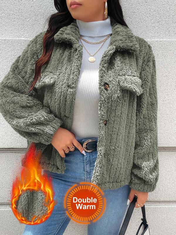 Calvaya Plus Size Casual Solid Color Plush Jacket For Autumn/Winter