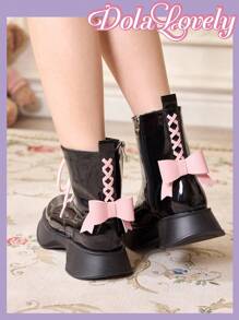 Dola Lovely Black Platform Boots Women Short Booties Ins British Style 2024 Autumn Winter New Mid-Calf Boots Flight Attendant Slim Boots Boots Ladies Ankle Boots For Christmas And New Year Holiday