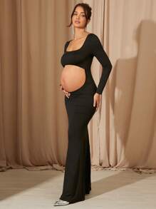 MaterniChic Maternity Solid Color Square Neck Hollow Long Sleeve Photoshoot Dress