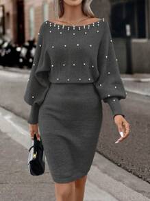 SHEIN Clasi Elegant Pearl Embellished Bell Sleeve Sweater Dress, Autumn/Winter