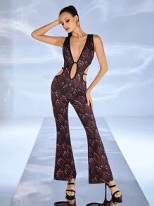 JIAN LASALA Monos multicolor para mujeres, sexy, de cuello en V profundo sin mangas, estampado total, con espalda descubierta, cruzados, con cortes, para usar en verano, en clubes, de vacaciones y para salir