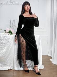 Allurite 大码复古方领天鹅绒派对/舞会礼服，喇叭袖性感高开叉蕾丝拼布修身优雅连衣裙，适合秋冬季、新年、情人节长款女装 - 黑色 - 查看 5