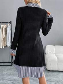 SHEIN LUNE 女士纯色针织拼布条纹衬衫领百搭休闲商务装长袖连衣裙，秋冬 - 彩色 - 查看 2